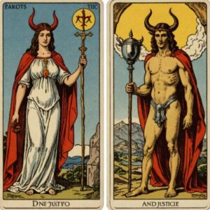 Combinação das cartas A Justiça e O Diabo como conselho do dia