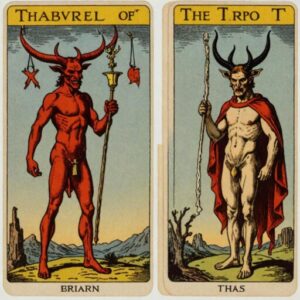 Combinação das cartas O Enforcado e O Diabo como conselho do dia