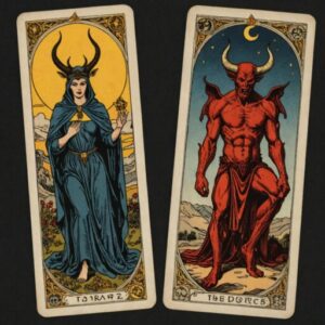 Combinação das cartas Os Enamorados e O Diabo sobre o futuro
